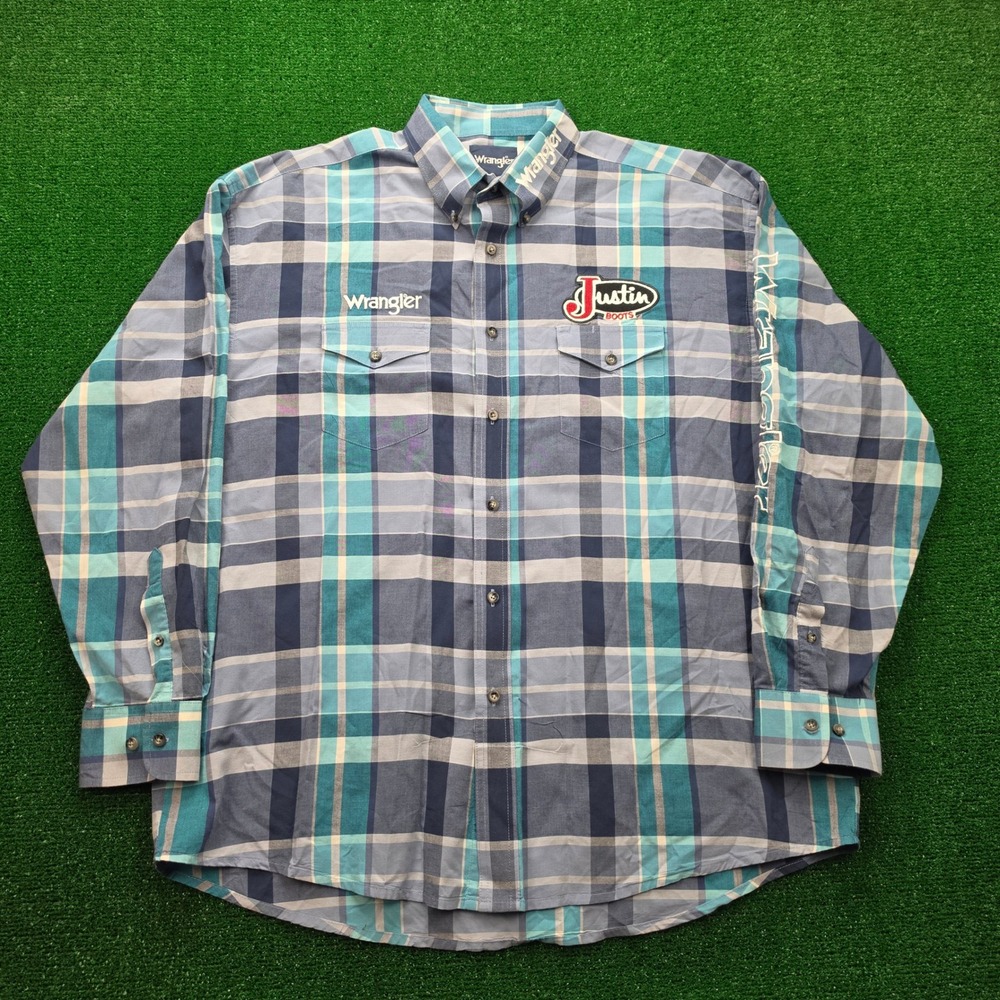 Wrangler Justin Boots Western Shirt Mens XL Teal Plaid Button Down Rodeo Cowboy